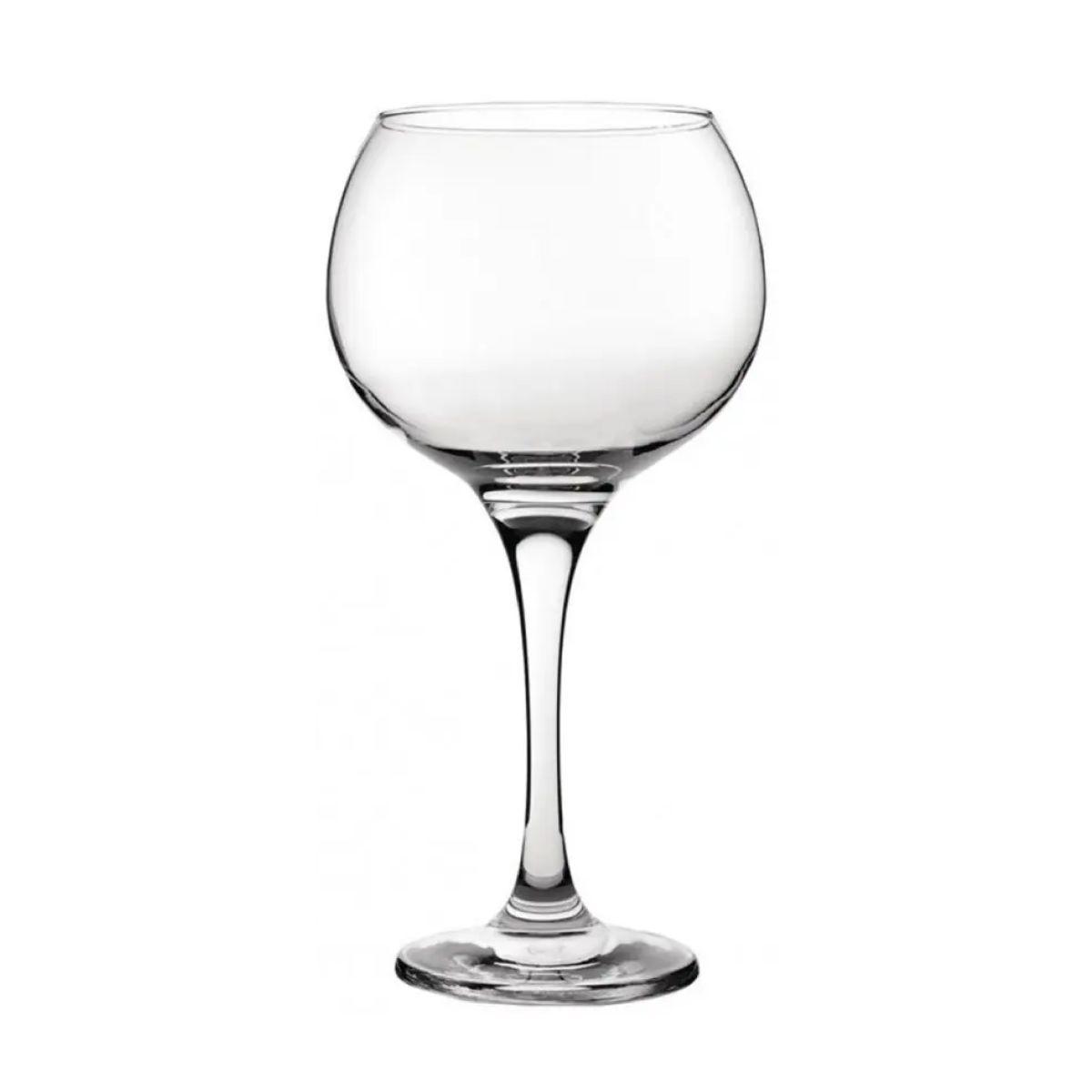 Vooraanzicht van transparant Gin Tonic glas Ambassador 56 cl. met brede kelk en stevige voet van helder glas.