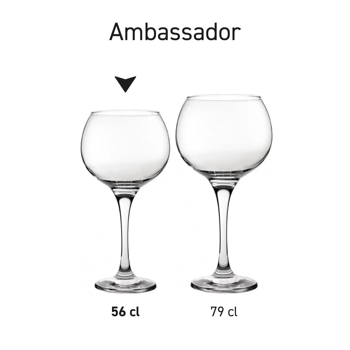 Serieoverzicht van Gin Tonic glazen Ambassador met identieke vormgeving met meerdere inhoudsmaten.