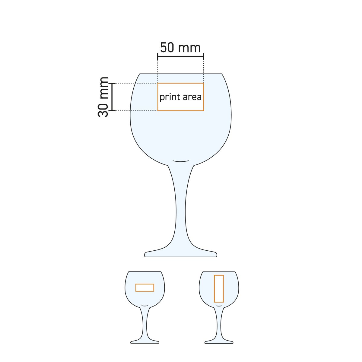 Technische werktekening van Gin Tonic glas Ambassador 79 cl. met markering van bedrukkings- en graveergebied.