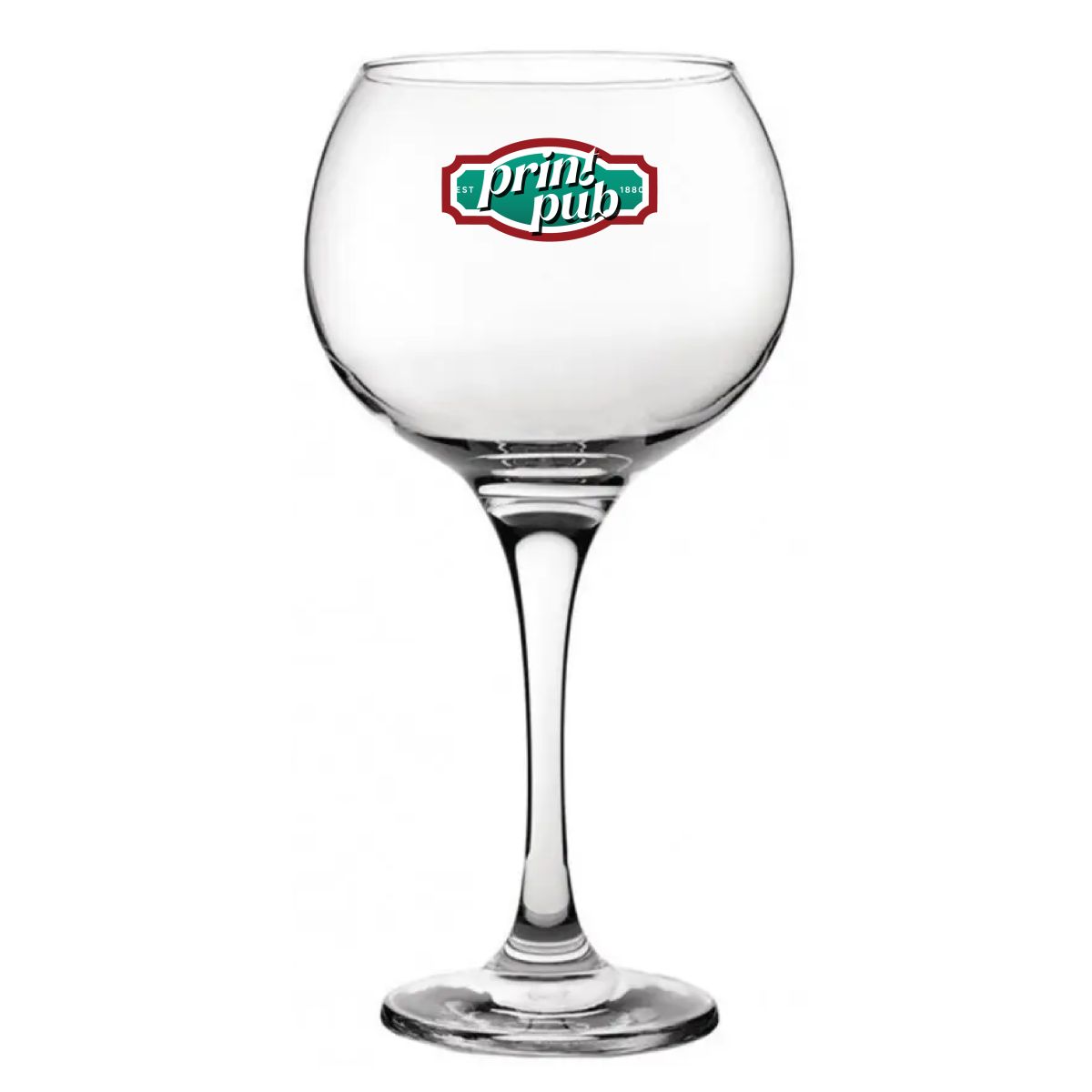 Vooraanzicht van Gin Tonic glas Ambassador 79 cl. bedrukt met meerkleurig PrintPub-logo op het middenvlak.