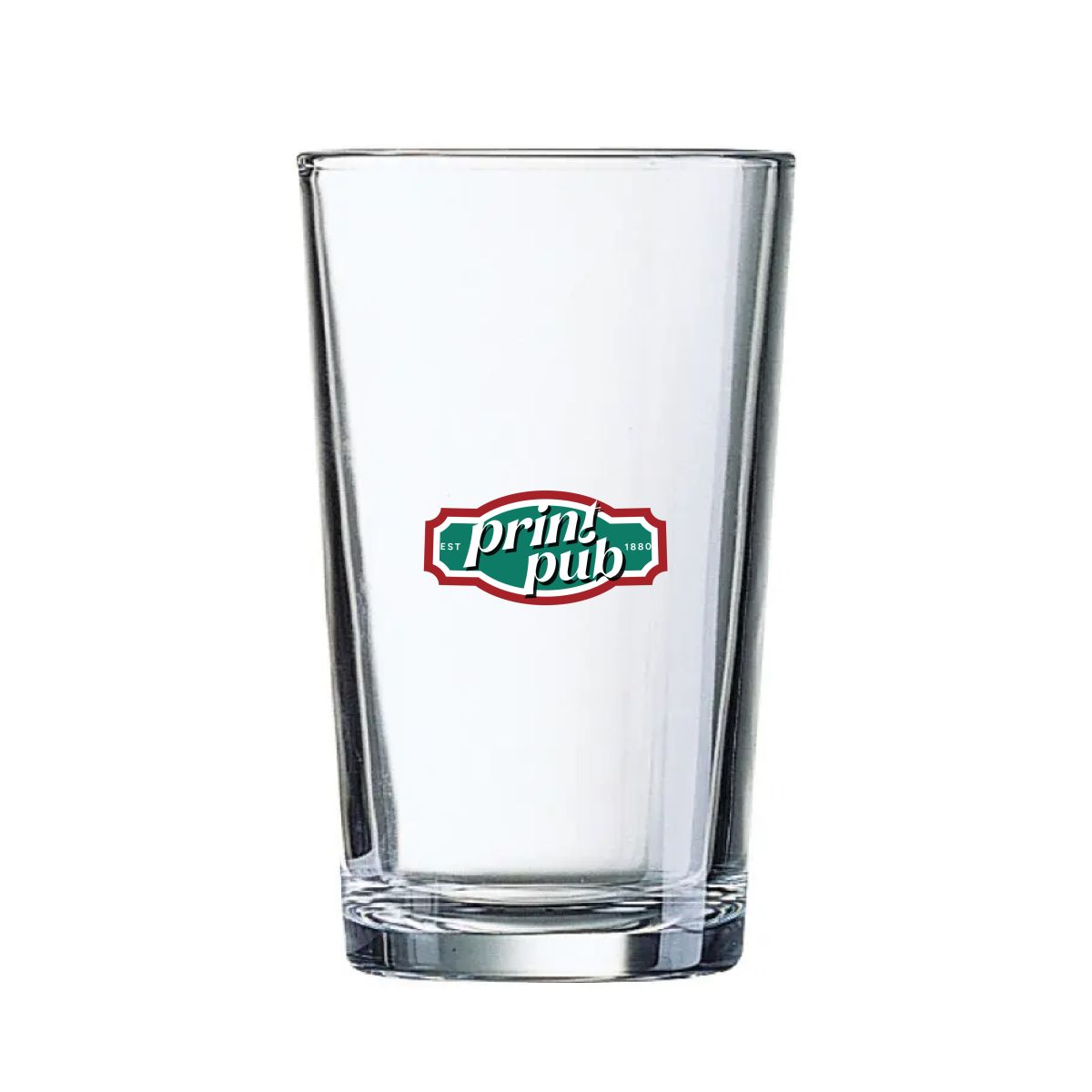 Glas Conique 28 cl. bedrukt met meerkleurig PrintPub-logo op het voorvlak van het glas.