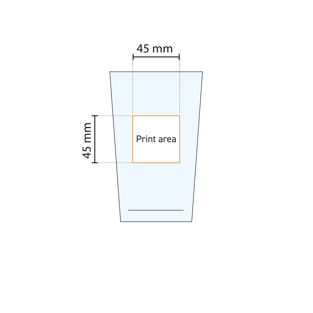 Drukgebied op Glas Conique 57 cl. aangegeven in werktekening, bedoeld voor bedrukking of gravure.