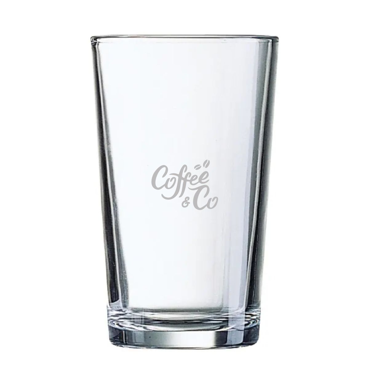 Gegraveerd CoffeeCo-logo zichtbaar op de voorzijde van Glas Conique 57 cl. in het glasoppervlak.