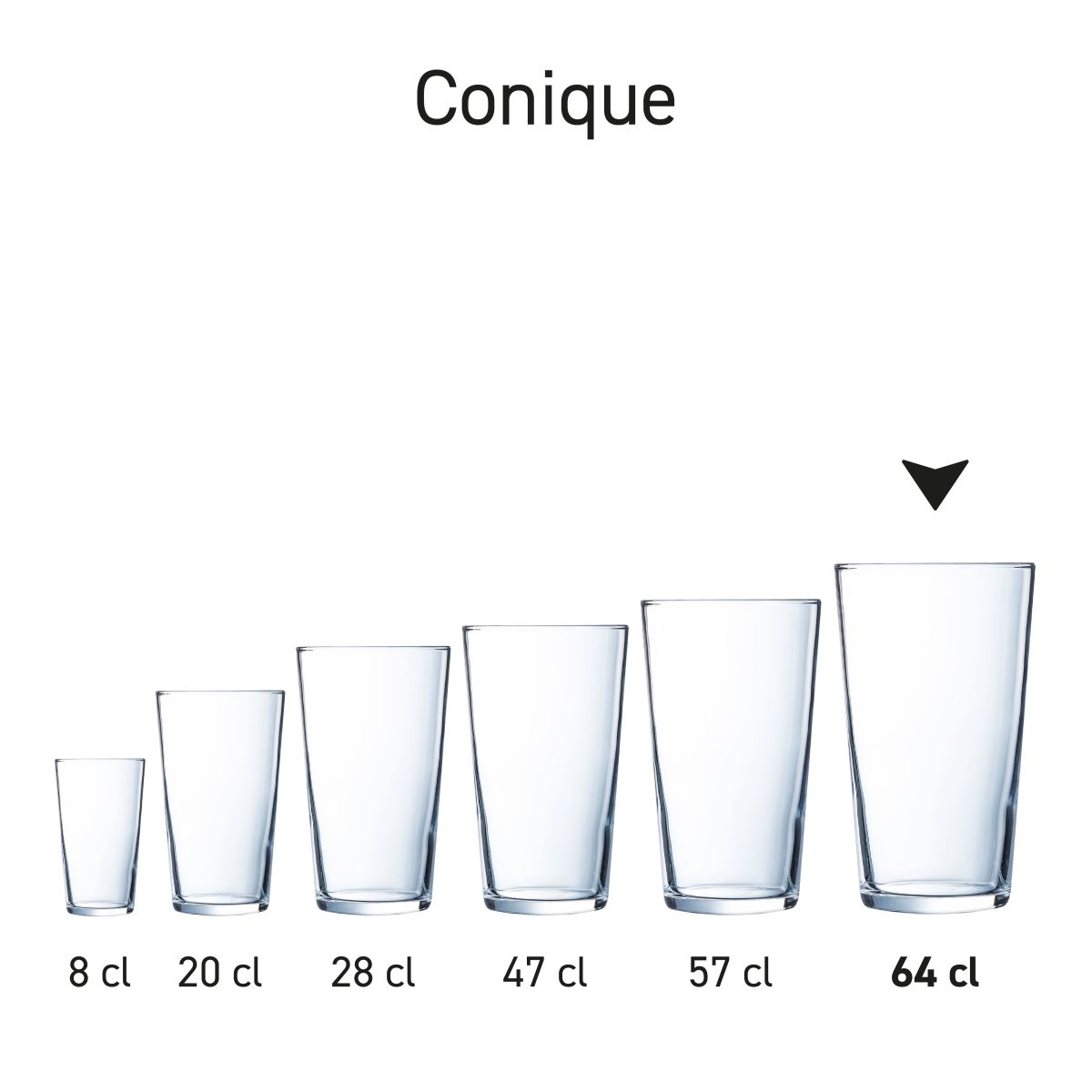 Set van meerdere Conique-glazen in serie-opstelling, identiek ontwerp en materiaal.