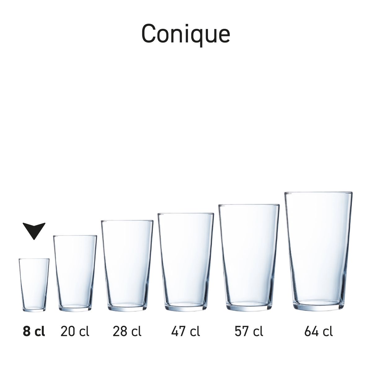 Opstelling van meerdere glazen uit de Conique-serie op effen achtergrond.