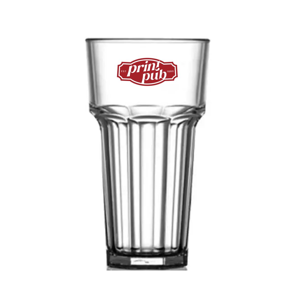 Kunststof Glas Remedy Hoog 40 cl in vooraanzicht, met enkelkleurig PrintPub-logo centraal op het glasoppervlak.
