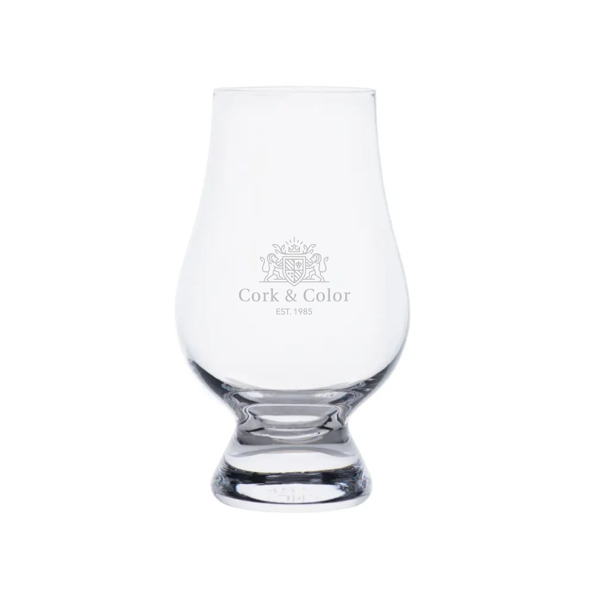 Gegraveerd CorkColor-logo zichtbaar op de voorzijde van het Glencairn whiskyglas 20 cl.