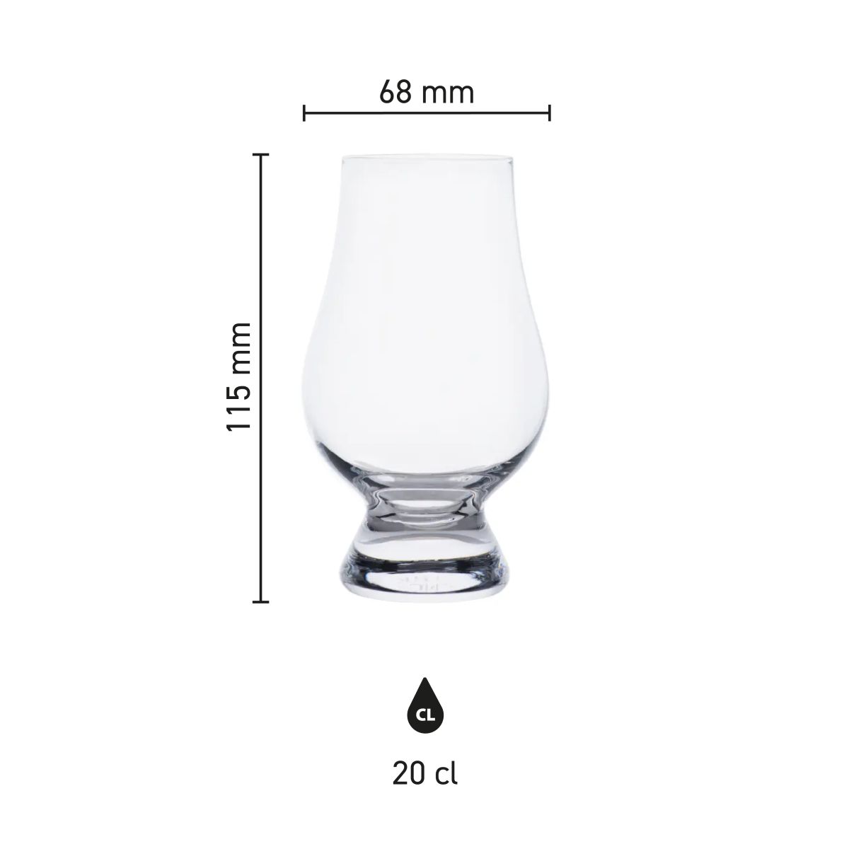 Infographic toont hoogte en diameter van het Glencairn whiskyglas 20 cl. met schaalverdeling.