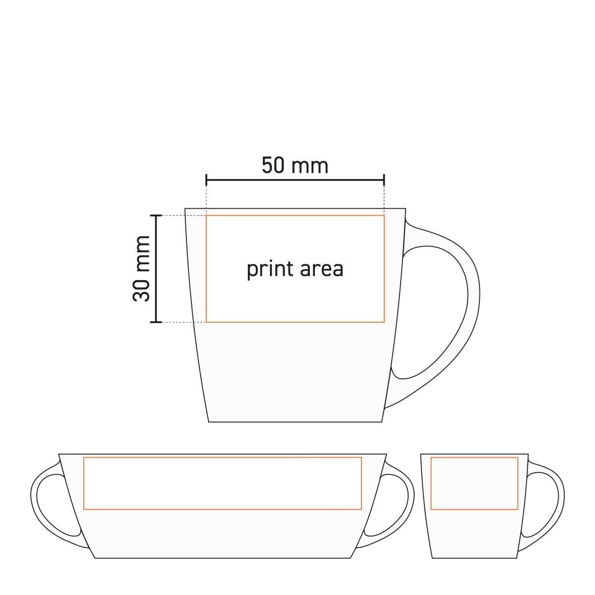 Technische werktekening van keramieken Handy Espresso Kop met aanduiding van het drukgebied.