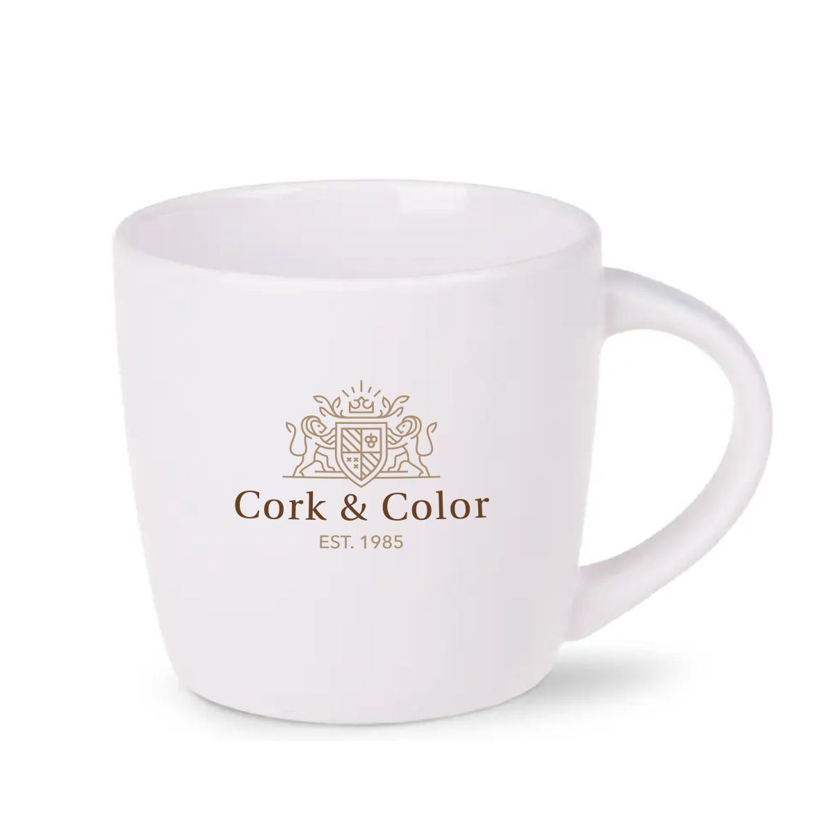 Porseleinen Handy mok Wit 30 cl. vooraanzicht met meerkleurig CorkColor logo.