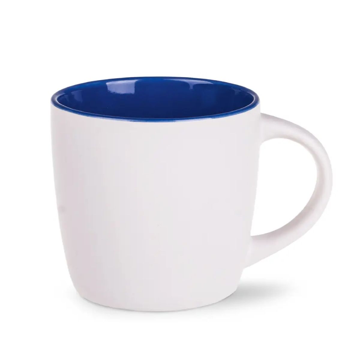 Vooraanzicht van Handy mok 30 cl. wit-blauw porselein met rechte wanden en glad, glanzend oppervlak.