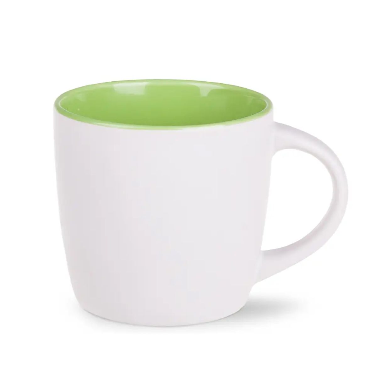 Vooraanzicht van Handy mok 30 cl. wit-groen porselein met rechte wanden en glad, glanzend oppervlak.
