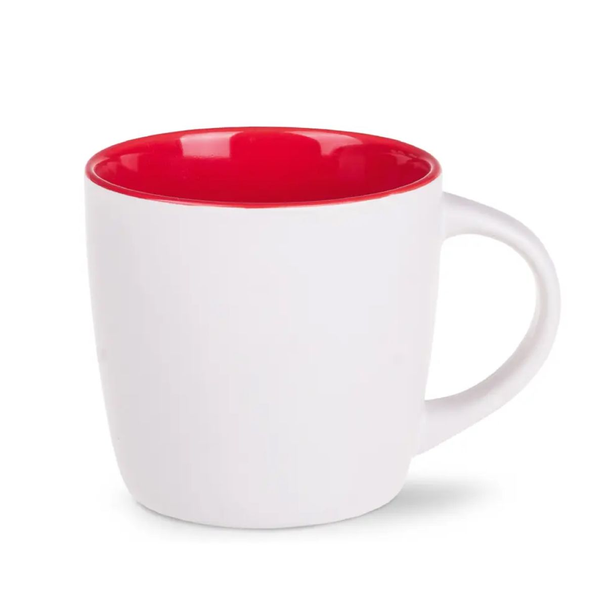 Vooraanzicht van Handy mok 30 cl. wit-rood porselein met rechte wanden en glad, glanzend oppervlak.