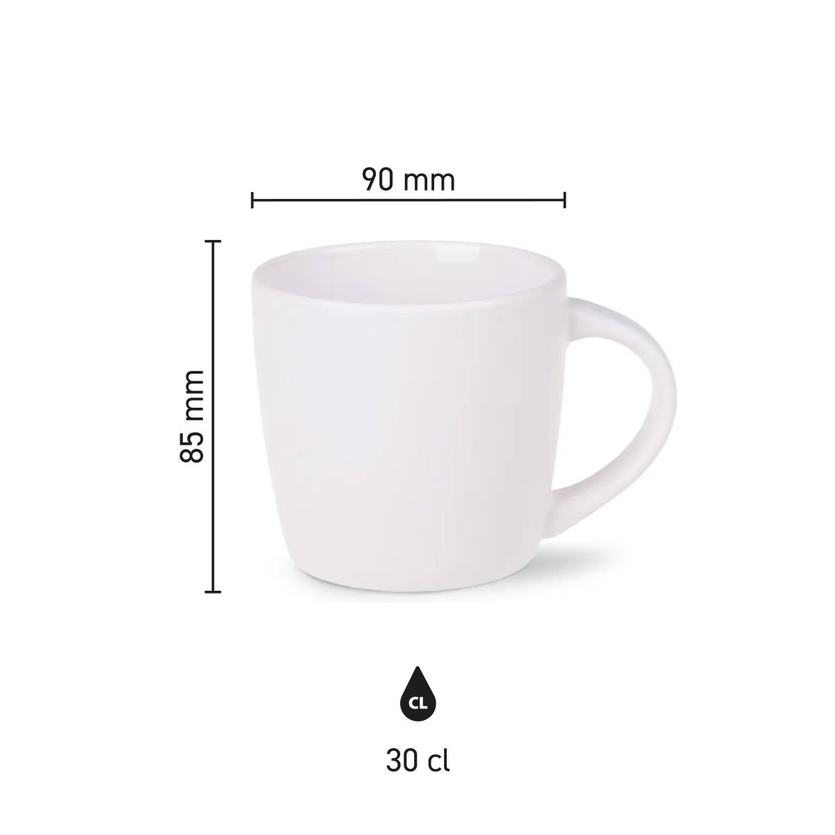 Infographic met afmetingen van Handy mok Wit 30 cl porselein, inclusief hoogte- en diameterlabels.