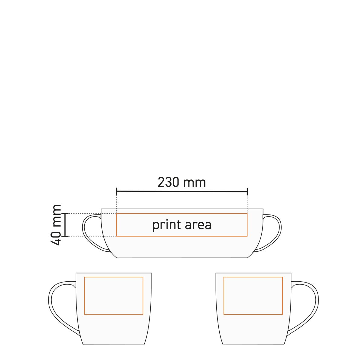 Technische werktekening van Handy mok Zwart 30 cl porselein met gemarkeerd drukgebied.
