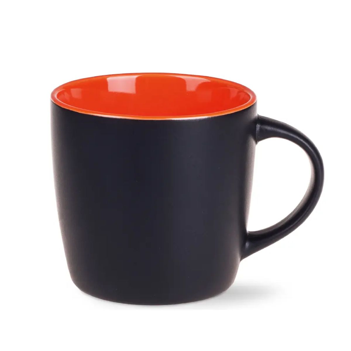 Zwarte Handy mok 30 cl. porselein met oranje binnekant in vooraanzicht met strak design en glanzend oppervlak.
