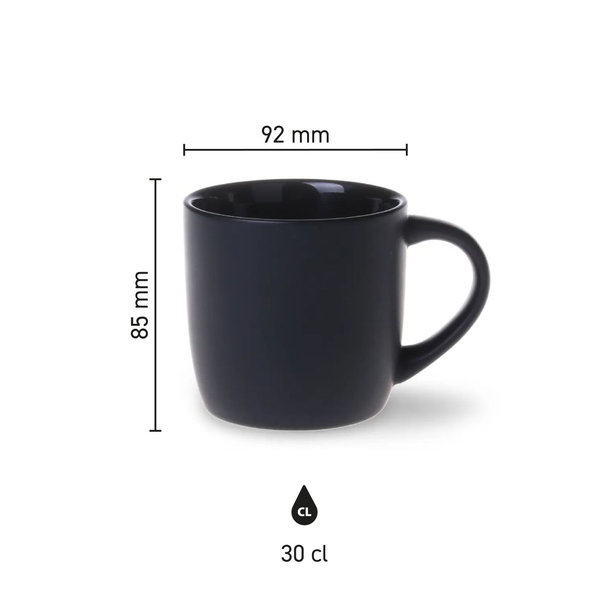 Infographic met productafmetingen van Handy mok Zwart 30 cl porselein, inclusief hoogte- en diameter.