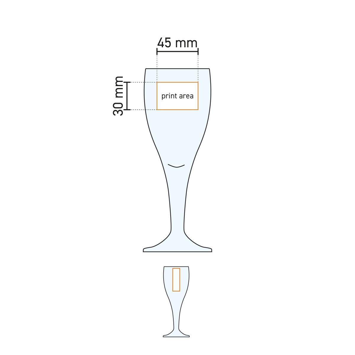 Technische werktekening van het Harzer Pokal 20 cl tapmaat glas met drukgebied-aanduiding