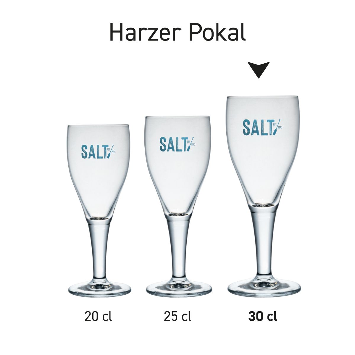 Harzer Pokal 30 cl tapmaat glas in serie, meerdere exemplaren naast elkaar getoond