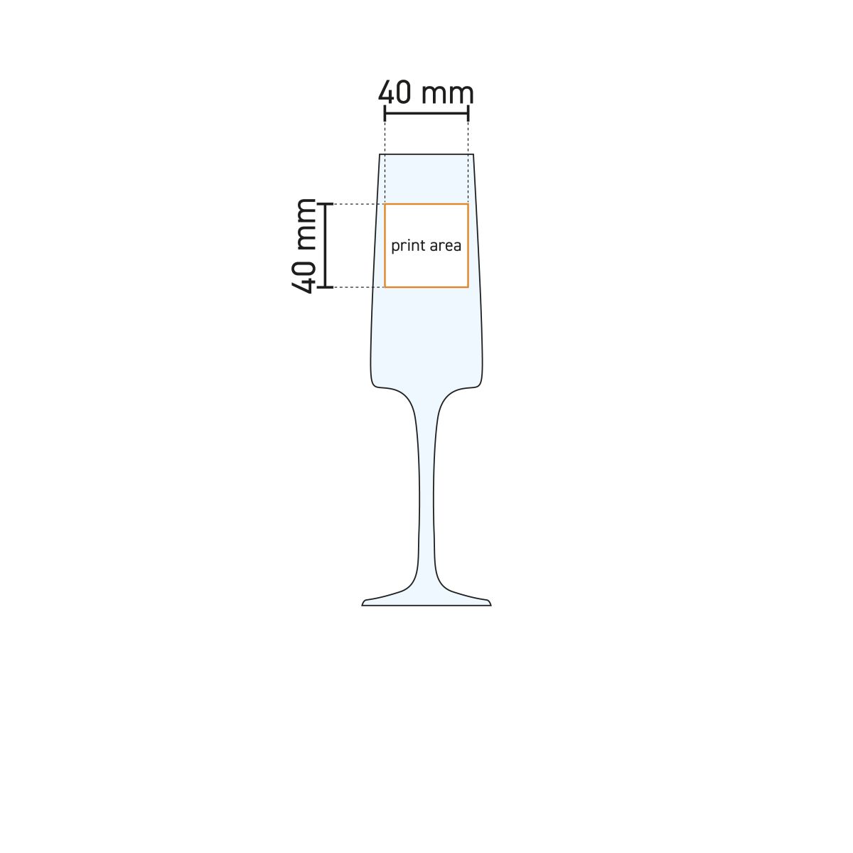 Technische werktekening van het Iconic champagneglas 19 cl. met aangegeven drukgebied.