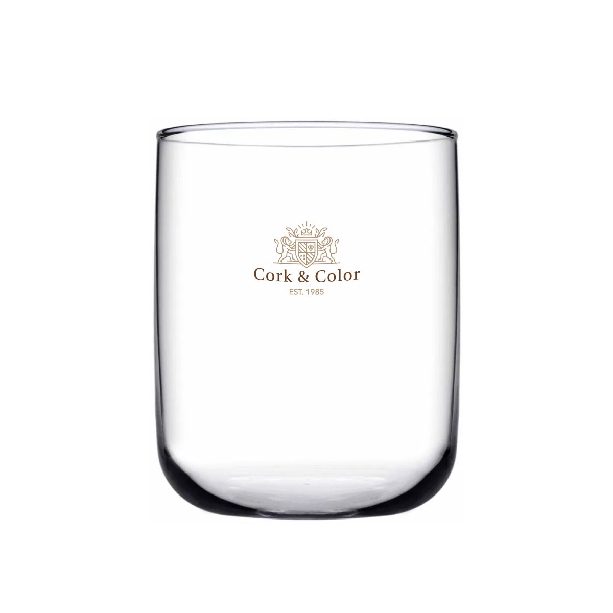Voorzijde van de Iconic Tumbler 27 cl. glas met meerkleurig CorkColor-logo subtiel bedrukt.