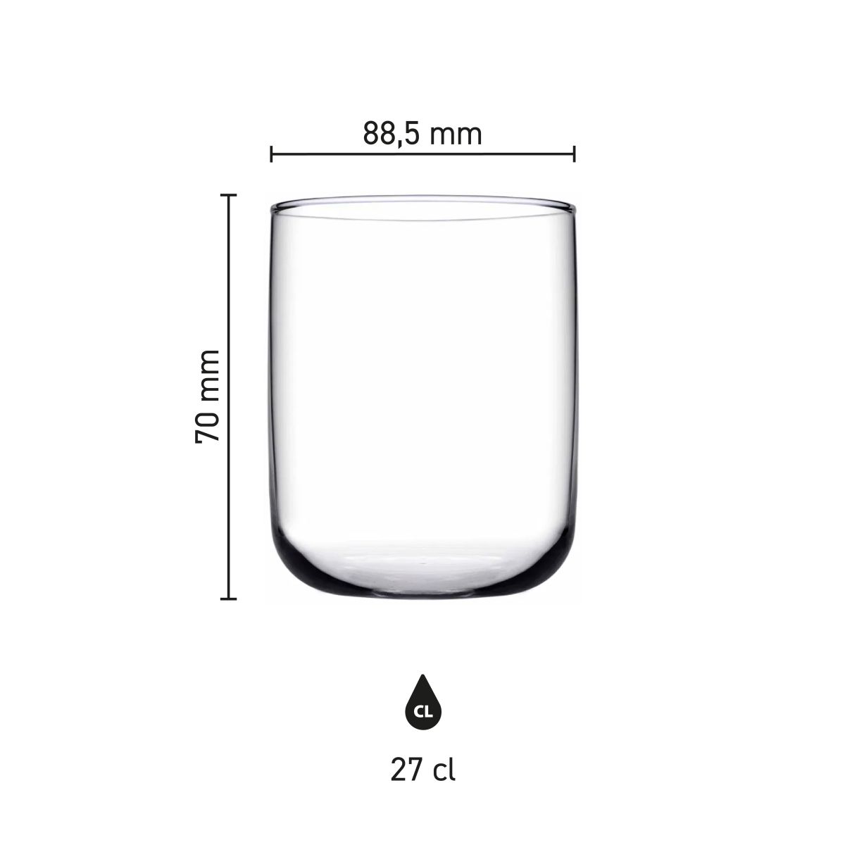 Infographic van Iconic Tumbler 27 cl. glas met maatlijnen en afmetingen overzichtelijk weergegeven.