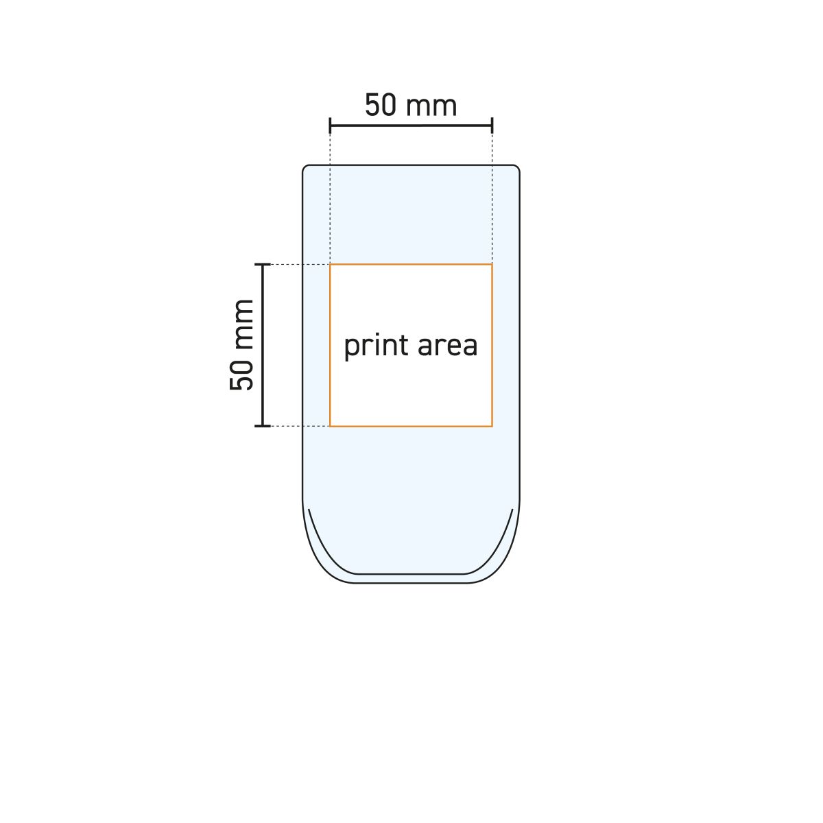 Technische werktekening van Iconic Tumbler 36,5 cl. met aanduiding van het drukgebied voor logo’s.