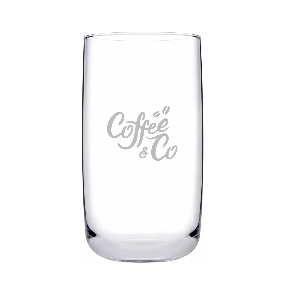 Gegraveerd CoffeeCo-logo op het vooraanzicht van een glazen Iconic Tumbler 36,5 cl.