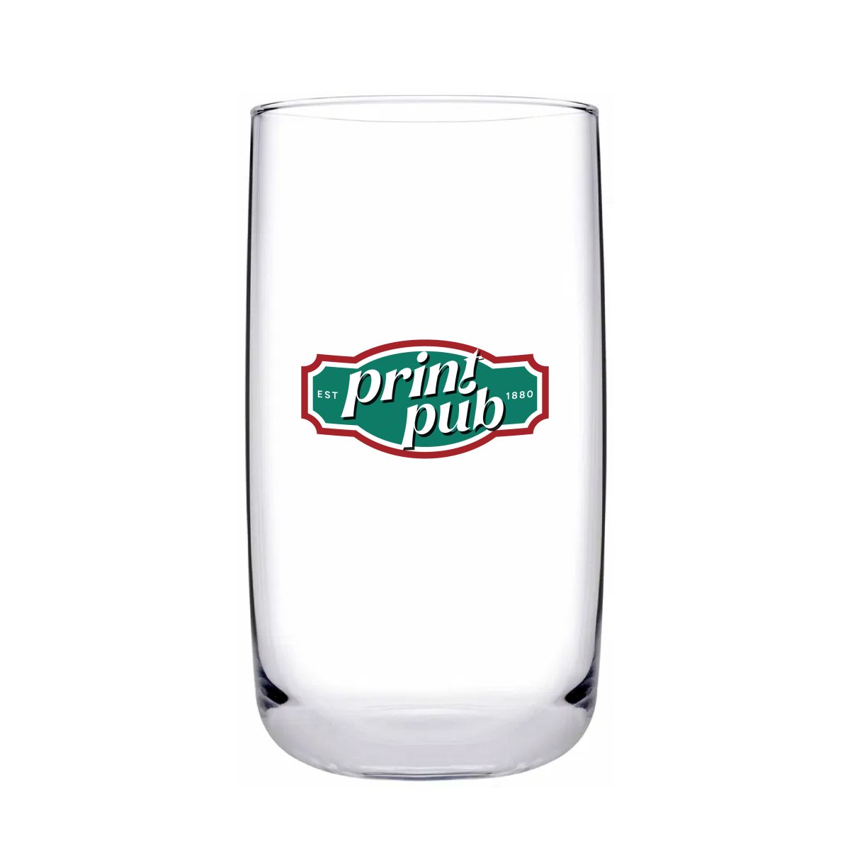 Voorzijde van glas tumbler 36,5 cl. bedrukt met CorkColor-logo in meerdere kleuren.