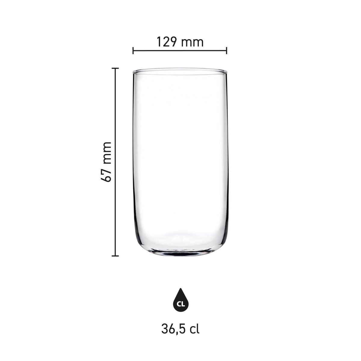 Infographic van de Iconic Tumbler 36,5 cl. met duidelijke aanduiding van hoogte en diameter in millimeters.