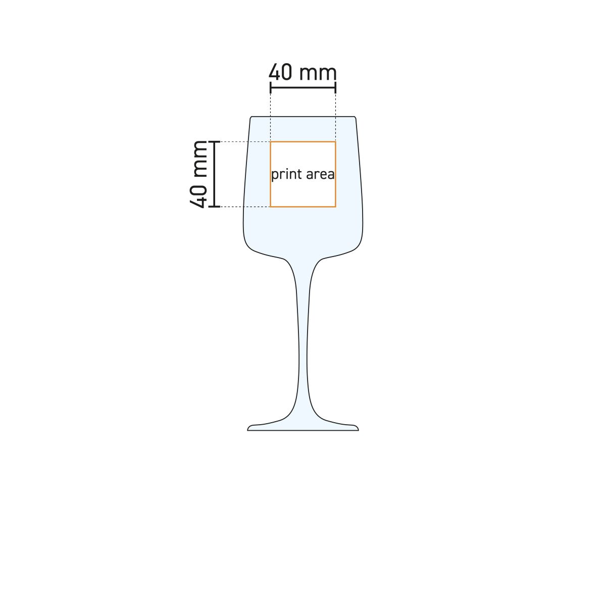 Technische werktekening van het 27 cl Iconic wijnglas met gemarkeerde zones voor bedrukking of gravure