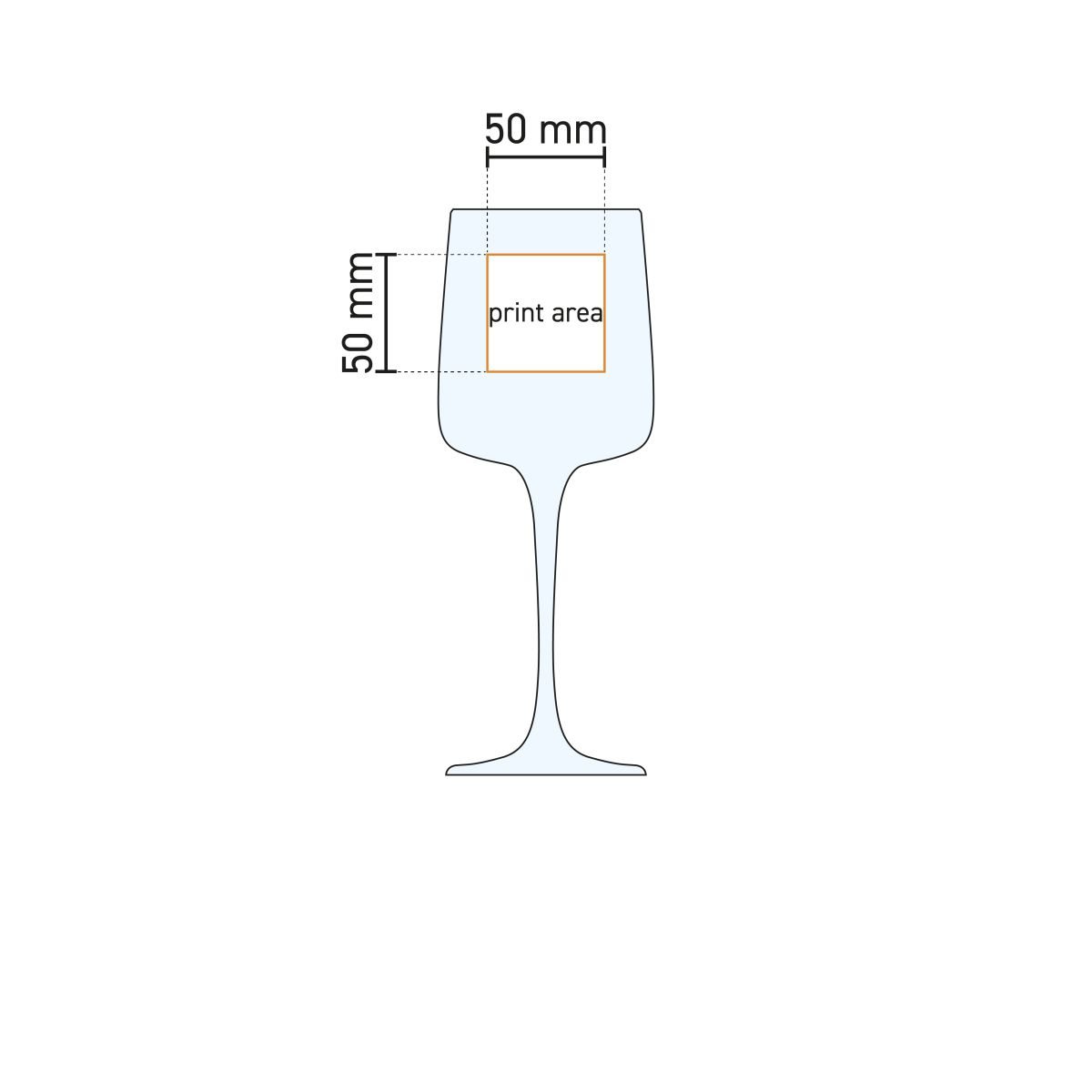 Technische werktekening toont het drukgebied op een Iconic wijnglas van 43 cl. glas.