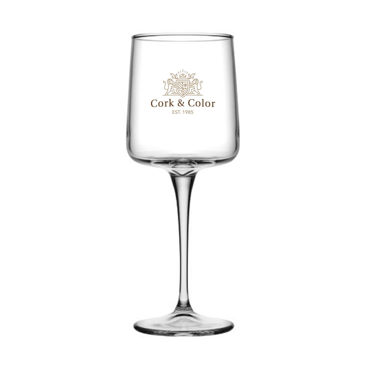 Voorzijde van het wijnglas bedrukt met een meerkleurig CorkColor-logo, type Iconic 43 cl.