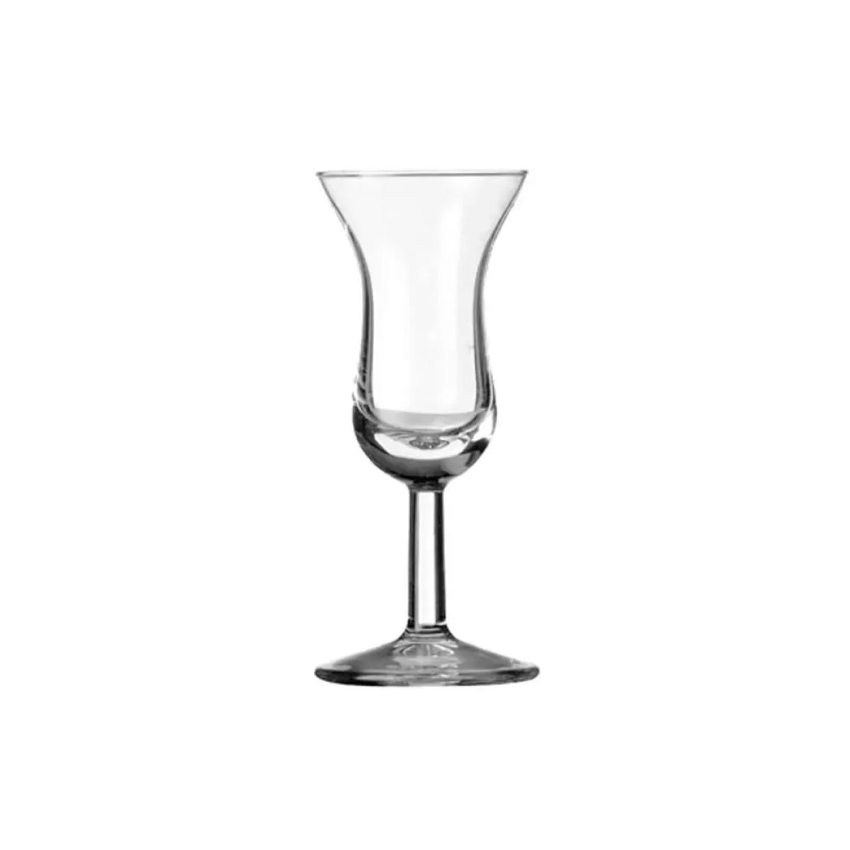 Glazen Intermezzo borrelglaasje 5 cl. met lange steel in vooraanzicht, helder glas en strakke vorm.