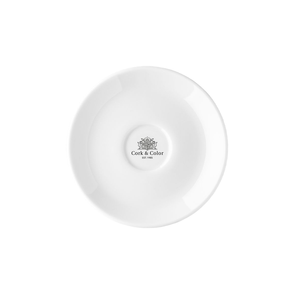 Isabelle Espresso Schotel 11 cm porselein met eenkleurig CorkColor-logo op de schotel