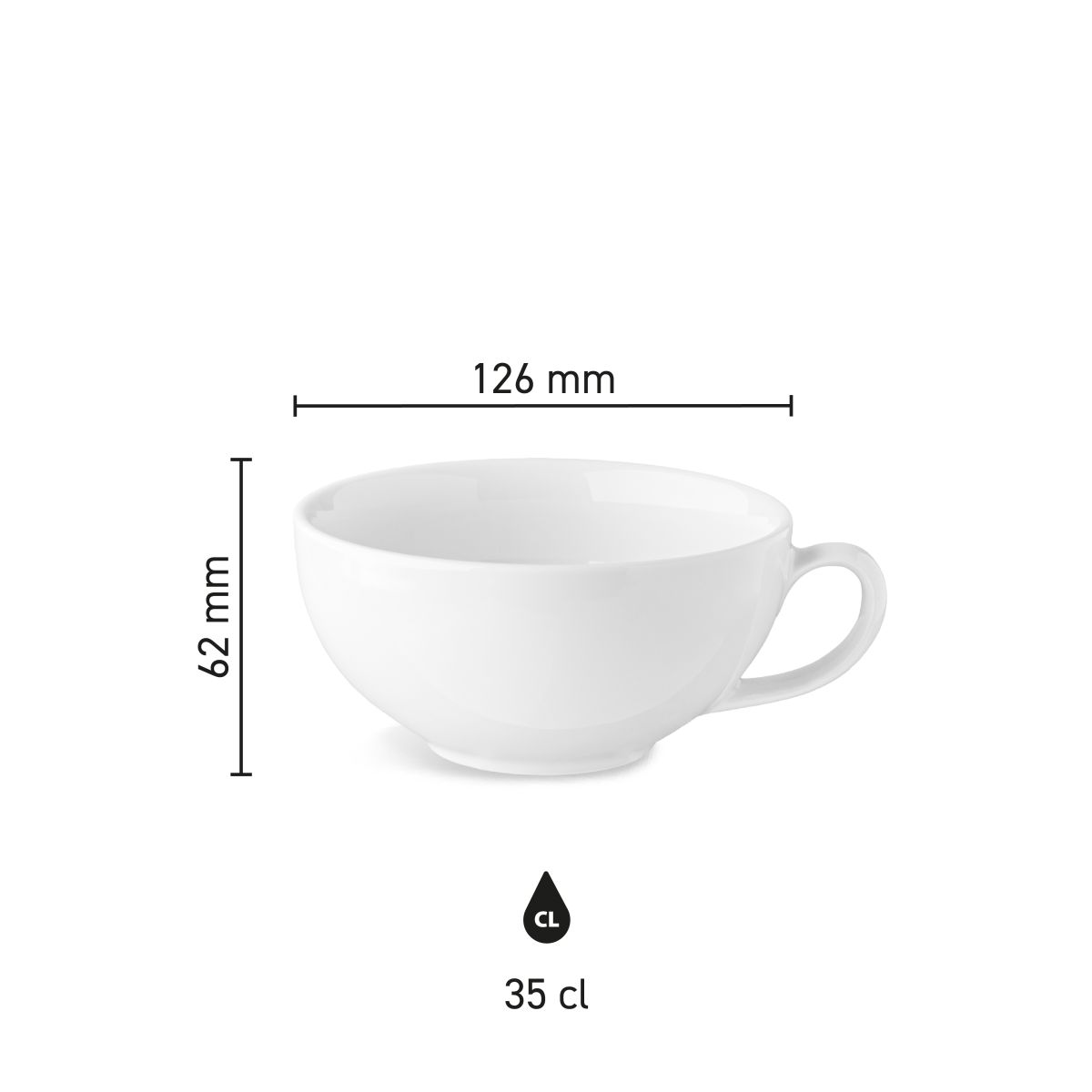 Maatvoering van de Isabelle koffie verkeerd kop 35 cl/ porselein met hoogte, diameter en inhoud in infographic