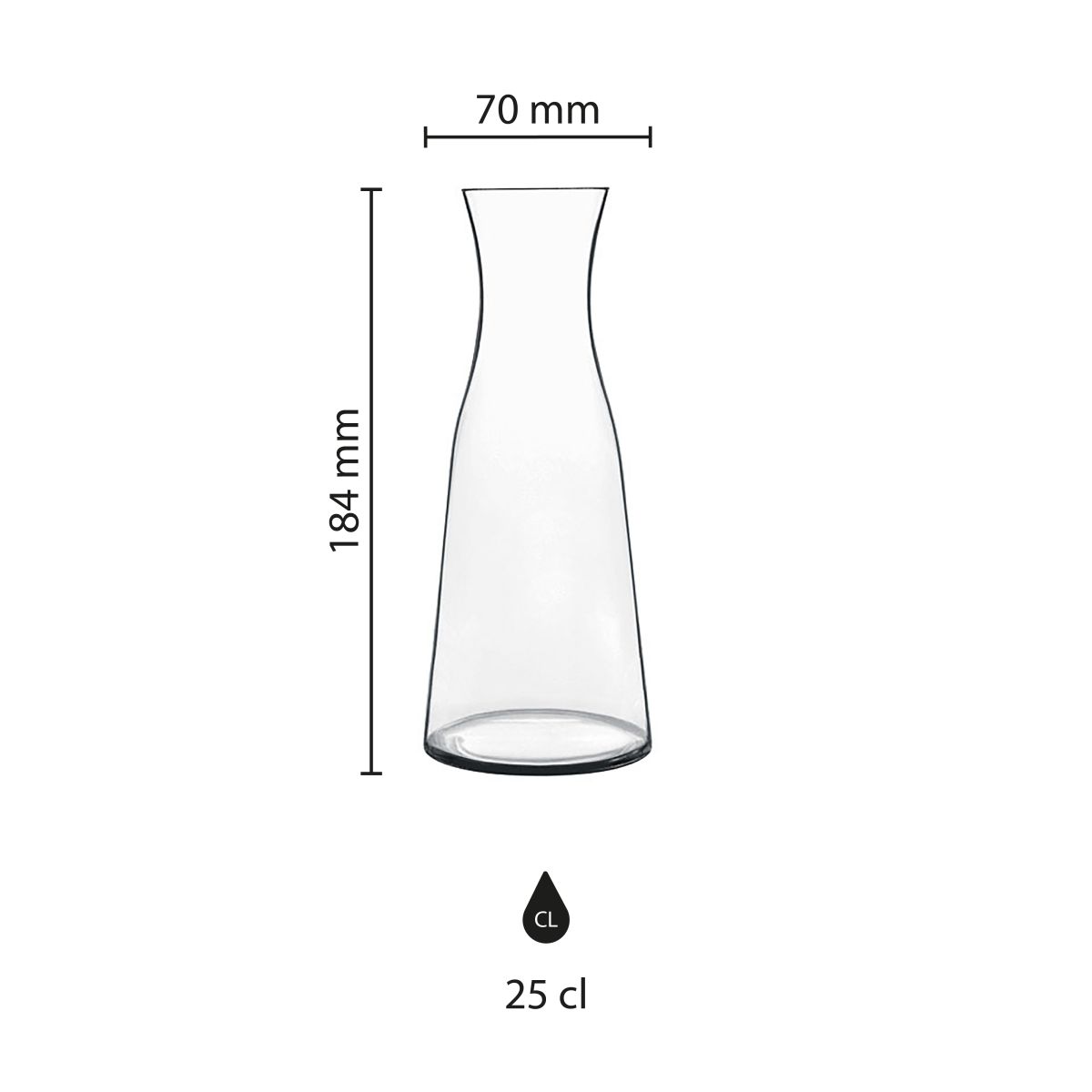 Infografiek toont hoogte, diameter en inhoud van de glazen karaf Atelier 0,25 liter.