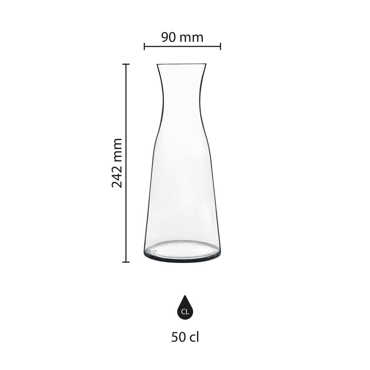 Technische werktekening van glazen karaf 0,5 liter met aanduiding van het drukgebied op het oppervlak.