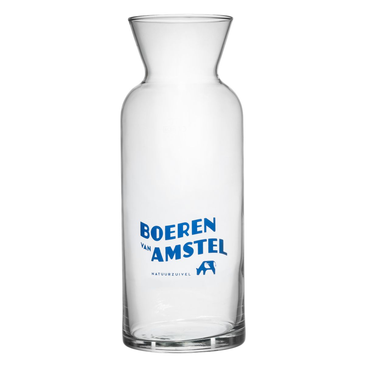 Karaf Village 1 liter glas met eenkleurig logo van Boeren van Amstel Natuurzuivel op het voorpaneel