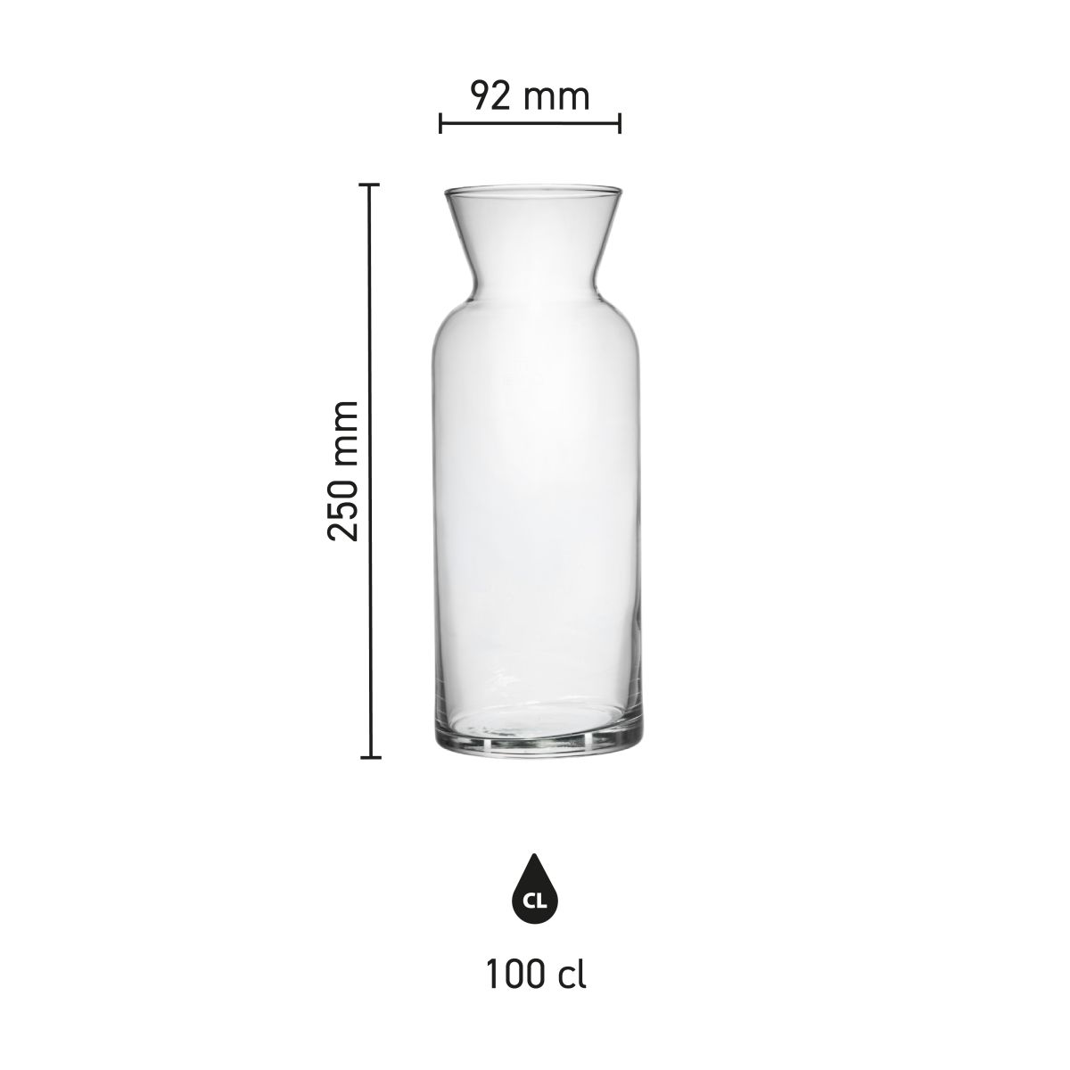 Infographic toont hoogte, diameter en inhoud van glazen karaf Village 1,00 liter.