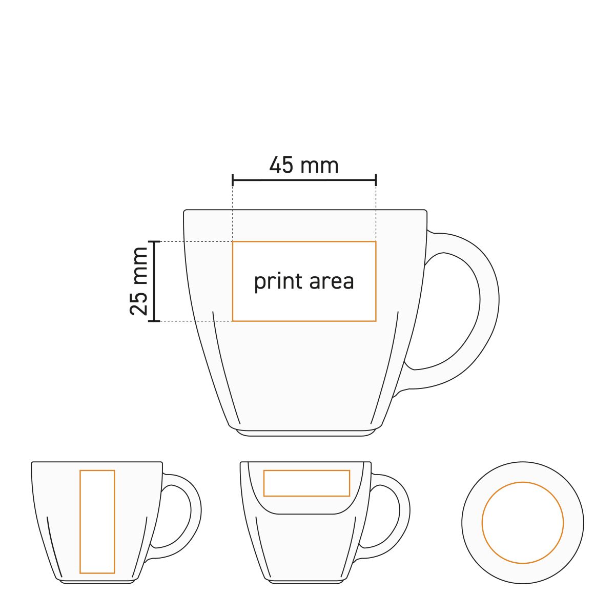 Technische werktekening van de Kirsten koffiekop 20 cl wit porselein met drukgebied-aanduiding