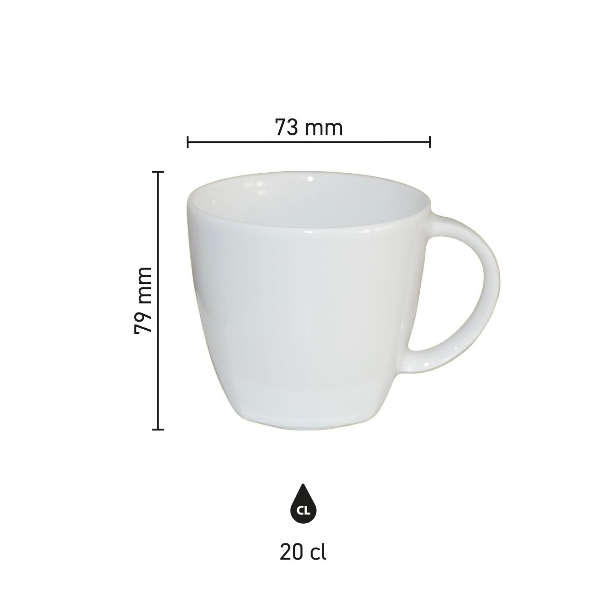 Maatvoering van de Kirsten koffiekop 20 cl wit porselein met hoogte, diameter en inhoud in infographic
