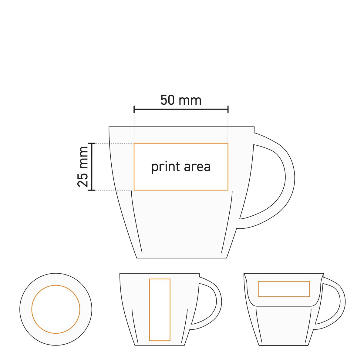 Technische werktekening van Kirsten koffie mok wit 20 cl. SET porselein met gemarkeerd drukgebied.