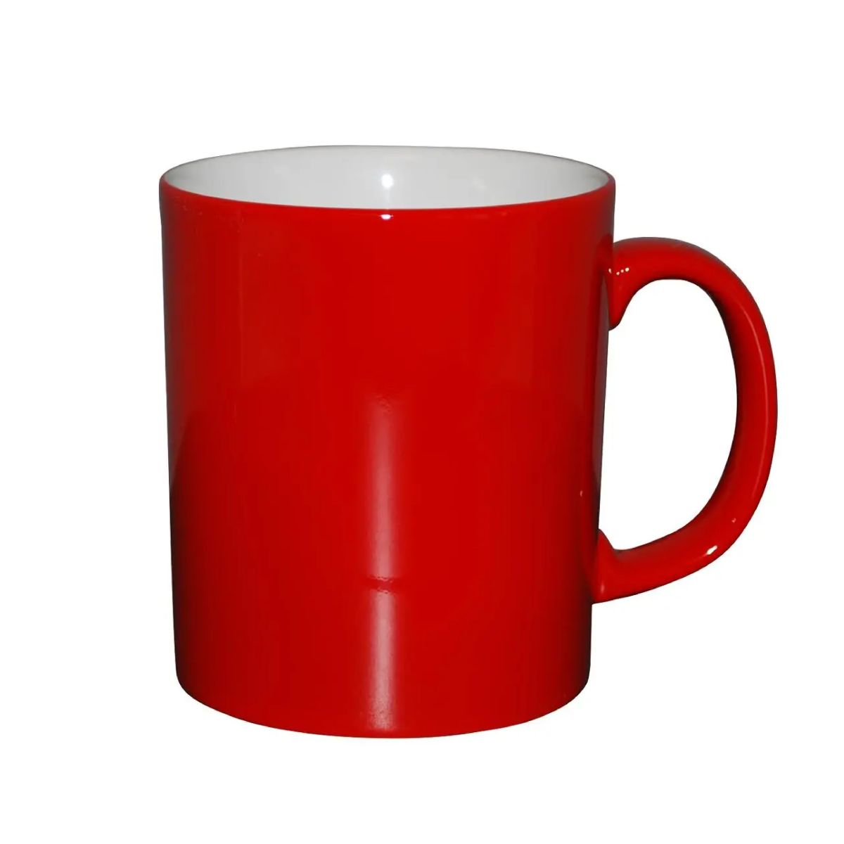 Vooraanzicht van rood-witte Kitty mok 30 cl in porselein, met zicht op de gladde cilindrische vorm en brede oor.