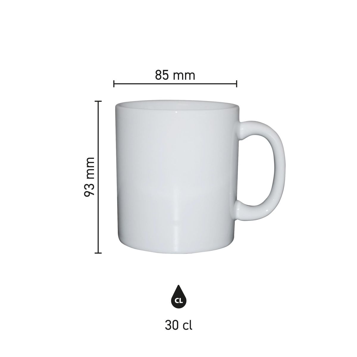 Infographic toont afmetingen van Kitty mok 30 cl in porselein, met maatvoering in millimeters., infographic met afmetingen