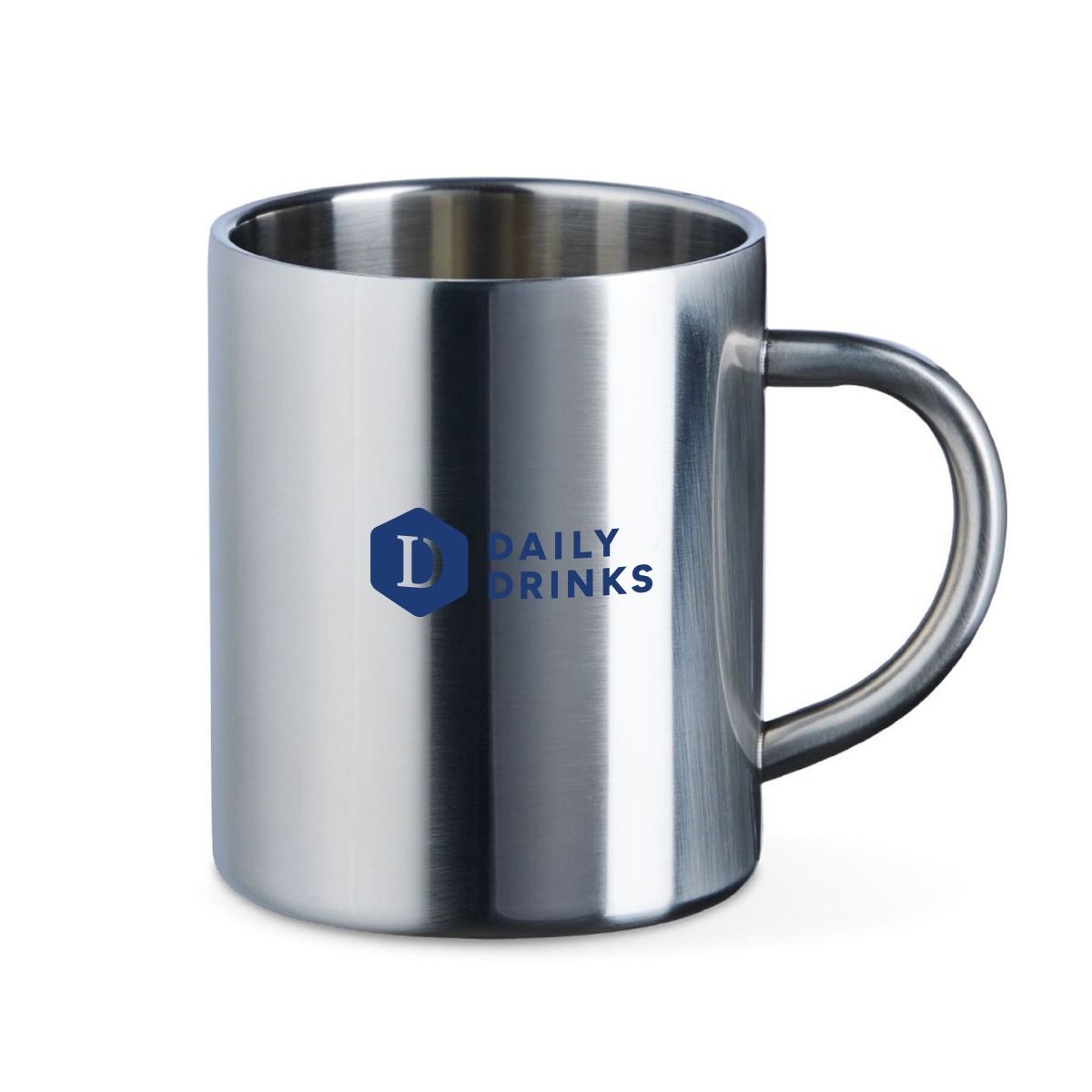Enkelkleurig DailyDrinks-logo gedrukt op de voorzijde van de Kitty RVS mok met metallic ondergrond.