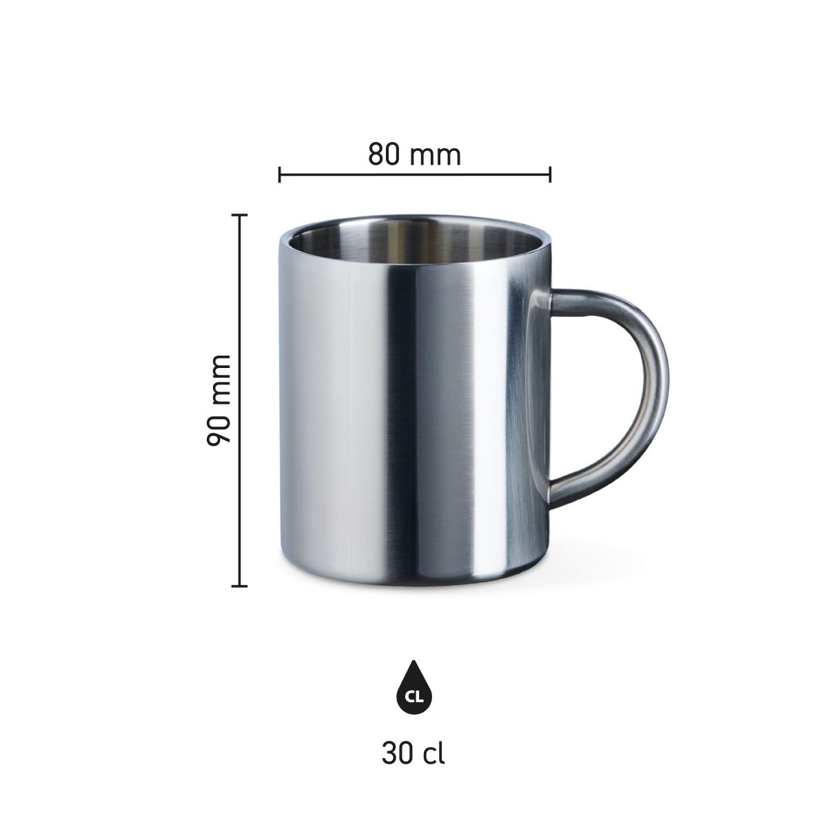 Infographic van Kitty RVS mok 30 cl met aanduiding van hoogte, diameter en inhoud in beeld.