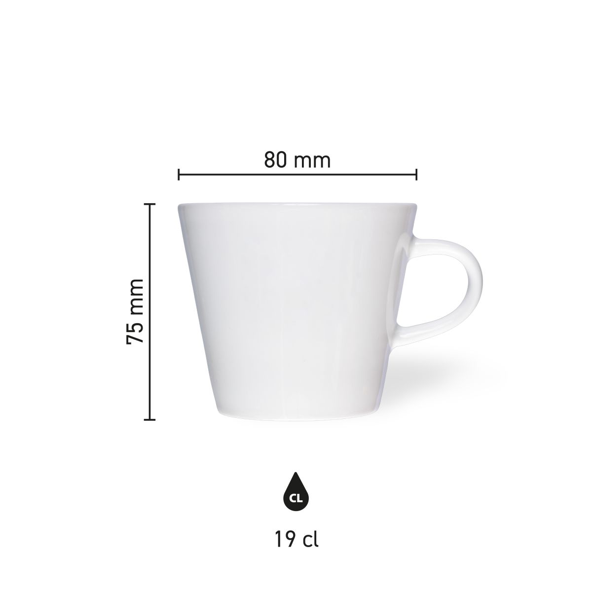 Infographic met afmetingen van porseleinen koffiekop Neo Budgetline 19 cl, inclusief diameter en hoogte.