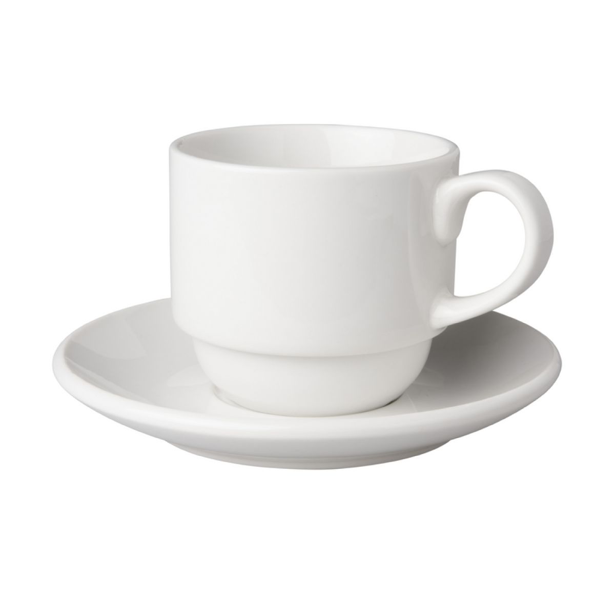 Budgetline Breed kop en schotel wit porselein 20 cl in recht vooraanzicht, geschikt voor koffie en thee.