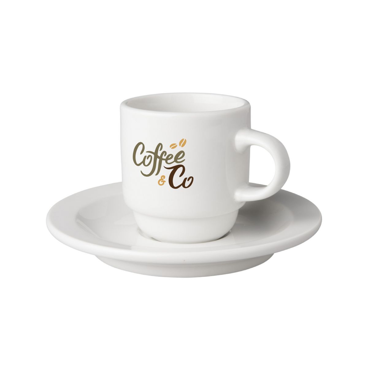 Voorzijde van Budgetline Smal kop en schotel wit 14 cl porselein met CoffeeCo logo in meerdere kleuren.